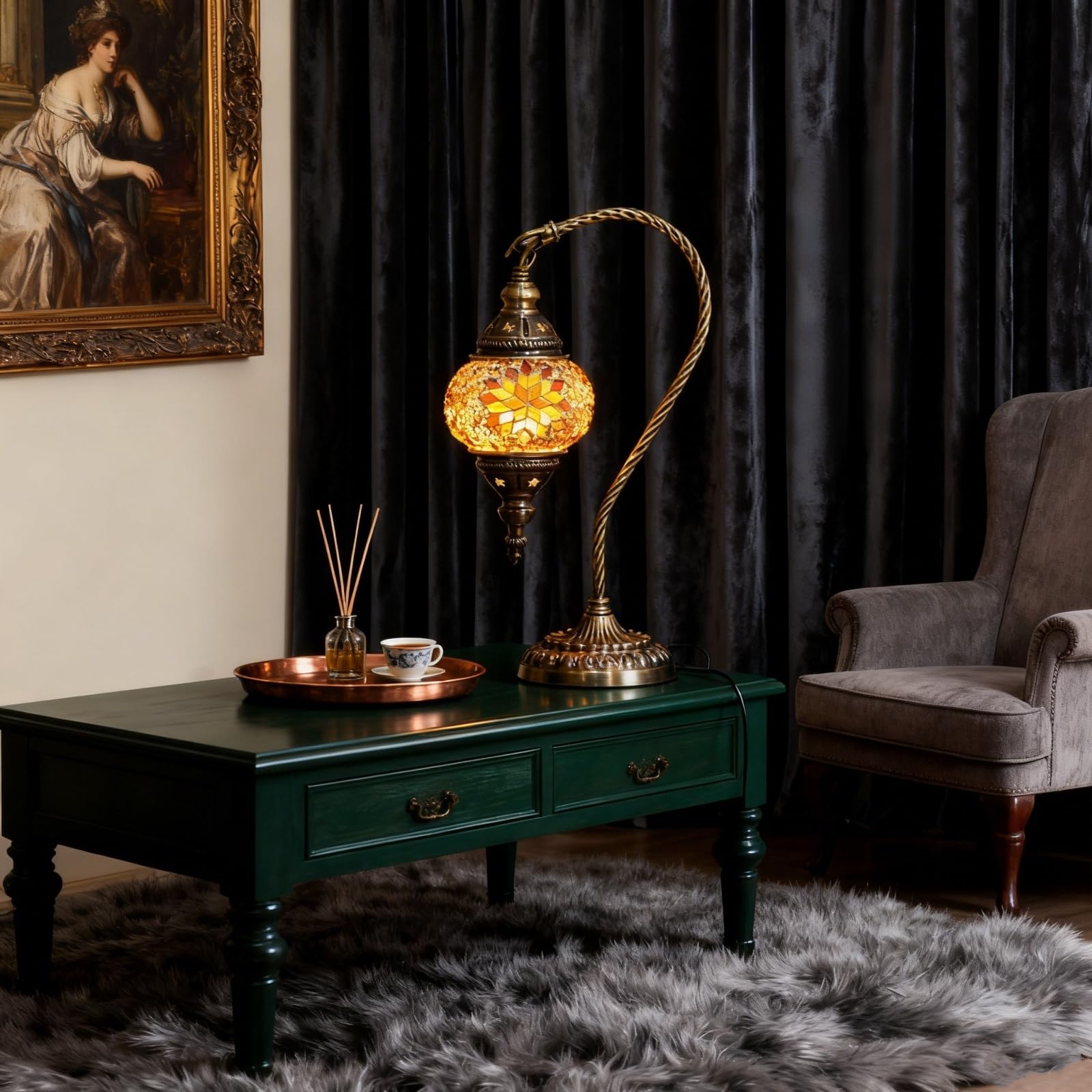 Lampe de table en mosaïque exotique turque avec lampe rétro de style marocain fait à la main Lumières décoratives pour la chambre à coucher Noël Halloween Office Art Decor