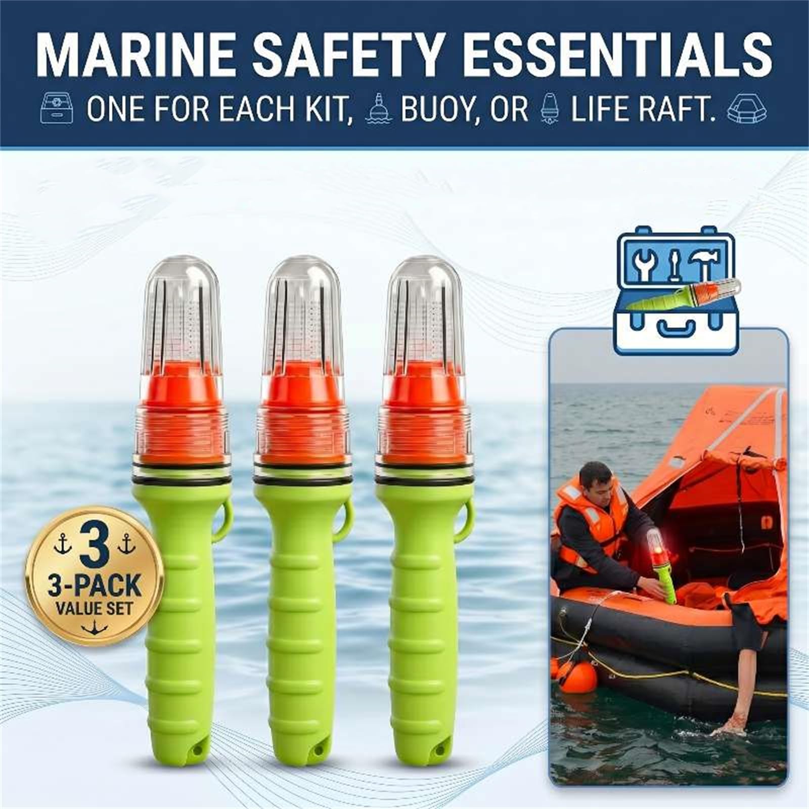 3 PCS Boat Flares,Coast Guard Approved Marine Electronic Distress Flare,Waterproof LED Emergency Signal Light for Fishing Boats,Buoys,Life Rafts (Blue+White)