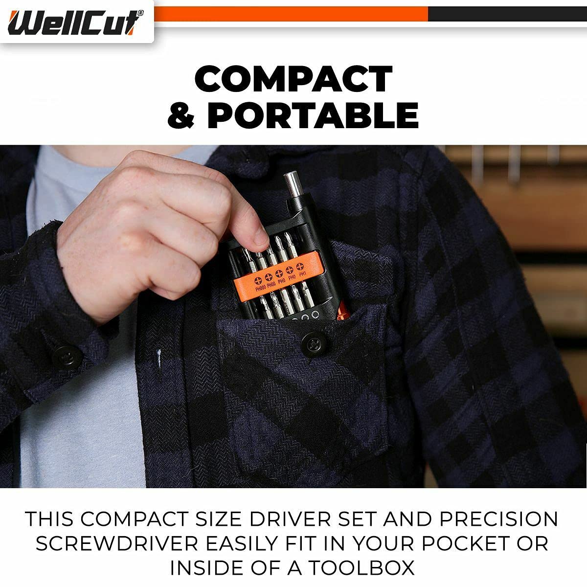 WELLCUT WC-MPS21U - Juego de 21 puntas de destornillador multiusos de precisión con poste giratorio y mango antideslizante, herramienta de reparación de trabajo para electrodomésticos, electrónica,