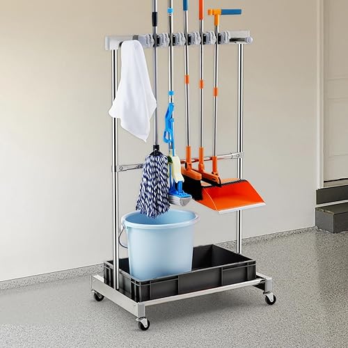 Miniatura 8 de VEVOR Organizador de herramientas de jardín, 10 ranuras con ganchos, estante de torre de herramientas de patio con ruedas para organización y