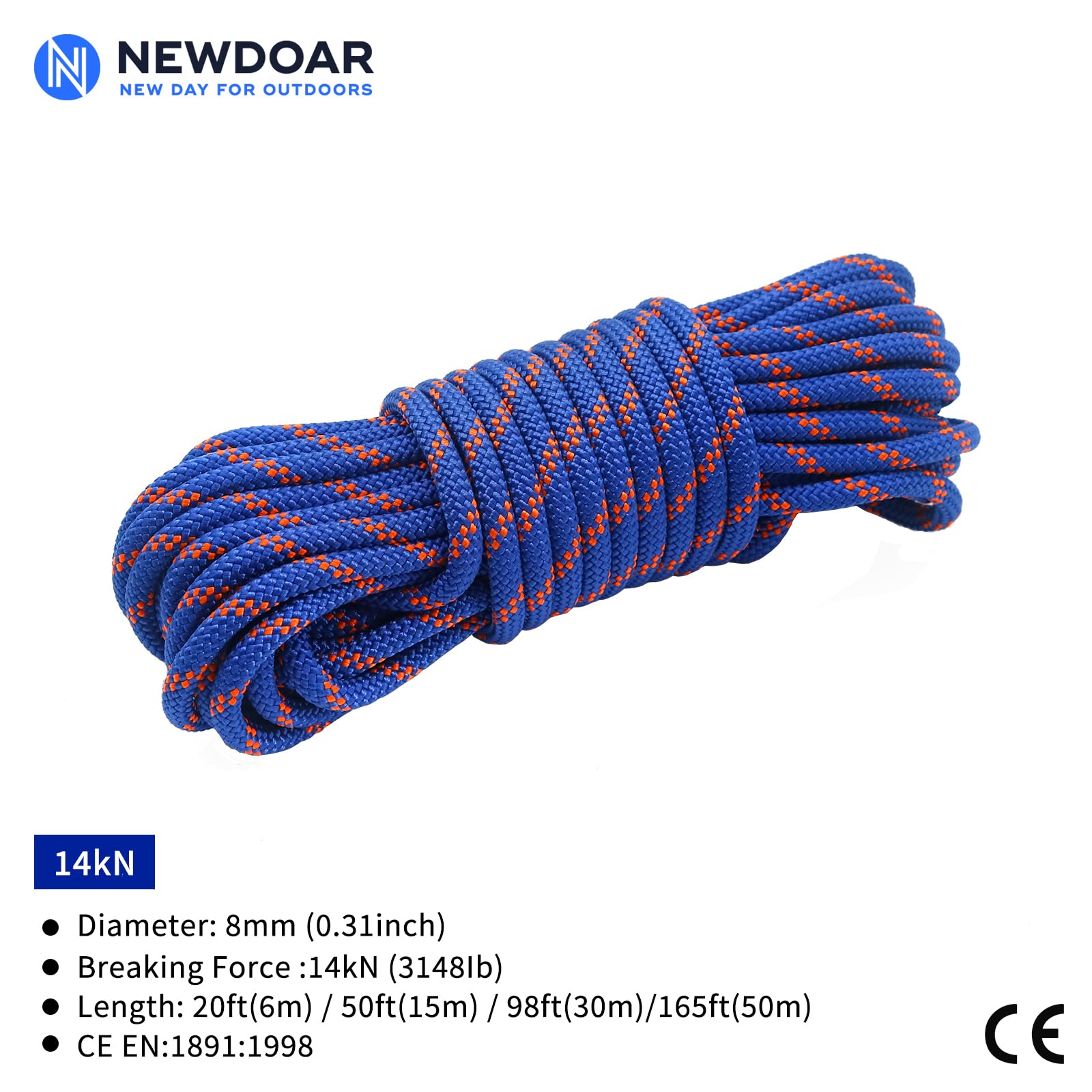 NewDoar Outdoor Rope 14KN 8mm (5/16in) High Strength Accessory Cord Rope Double Braid Multifunctional Cord for Camping Hiking - Image 2