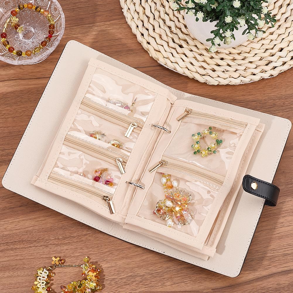 Beebeecraft Travel Jewelry Organizer Case Black Jewelry Storage Book Ring Binder with Clear Zipper Velvet Pouches Bags for Rings Necklace Earrings