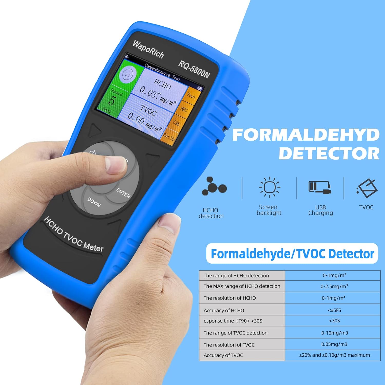 Air Quality Pollution Monitor, Formaldehyde Detector 0-2.50 mg/m³, 2-in-1 TVOC Meter HCHO Tester Indoor with Alarm, USB Rechargeable for Home, Office, HVAC - RQ-5800N