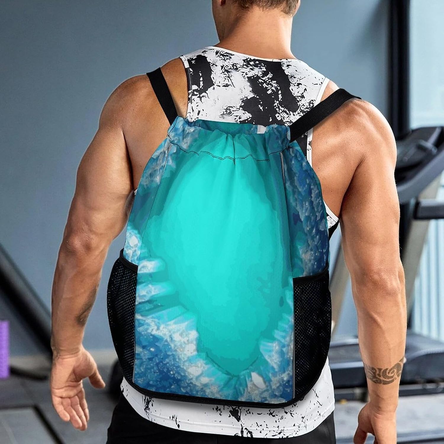 Bright Aqua Blue Turquoise Drawstring Backpack with Wet Pocket - Large Capacity Gym Bag with Shoe Compartment & Mesh Pockets, Adjustable Lightweight Gym Backpack for Swimming, Travel, Workout