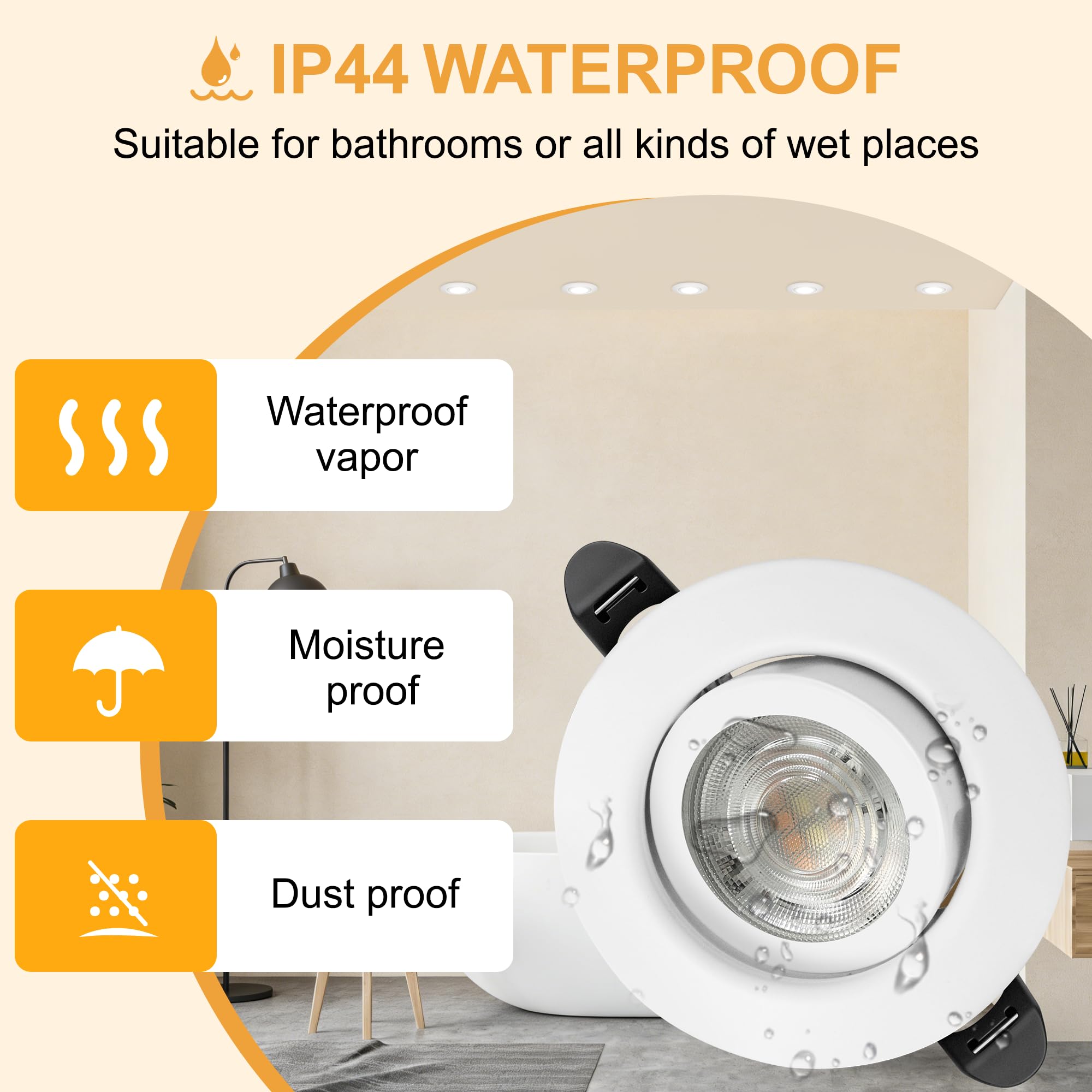 3CCT Faretti LED da Incasso per Cartongesso 230V Dimmerabile 68mm 5.5W IP44 Faretto Incasso Ultra Piatti Faretti LED Soffitto Ruotabile a 45° per Bagno, Set di 6 Bianco