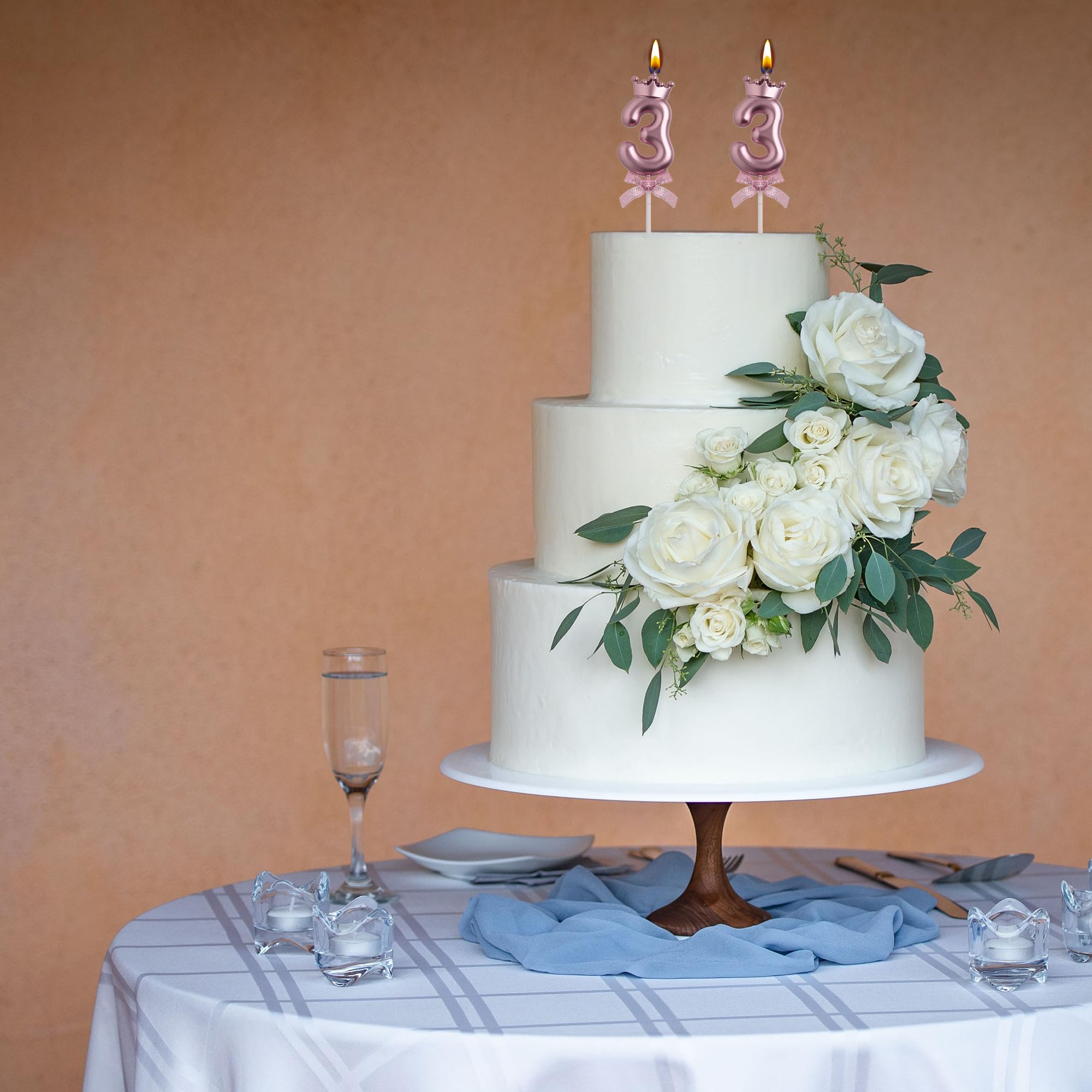 Vela de cumpleaños número 33 de oro rosa | Vela de cumpleaños número 33 sin humo con decoración de corona y lazo para decoración de tartas