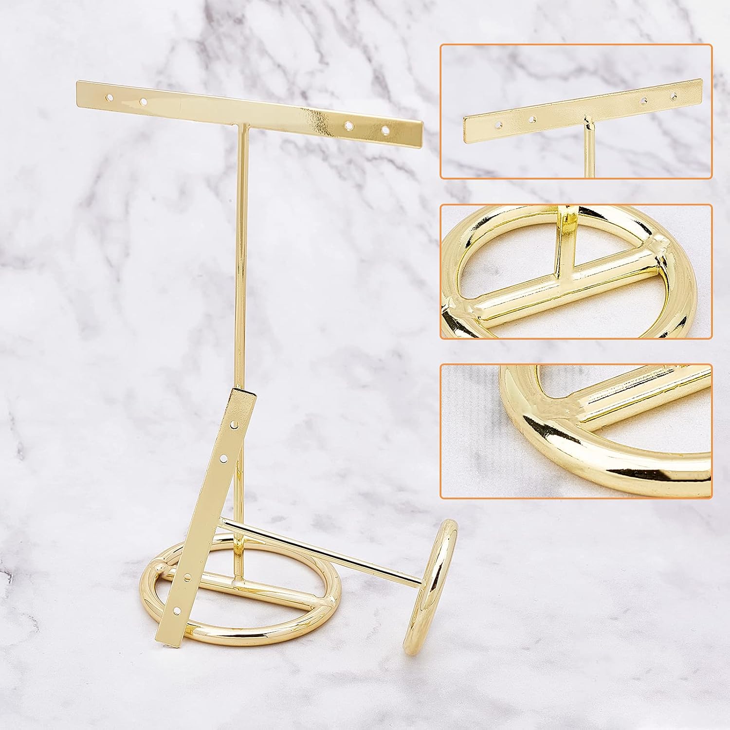 FINGERINSPIRE Gold Metal 2Pcs T Bar Earring Display Stand 4 Holes Jewelry Holders Hanging Jewelry Organizer for Jewelry Online Store Retail Photography PropsGold- Round Base 2 Heights 151mm & 72mm - Image 5