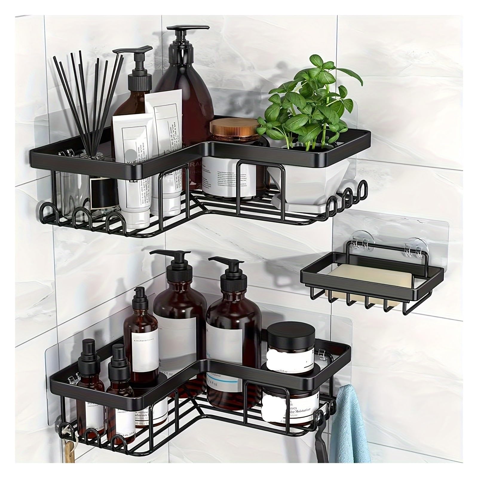 ljjymx 3pcs Rustproof Stainless Steel Corner Shower Caddy with Soap Holder 12 Hooks Toothbrush Holder No Drilling Wall
