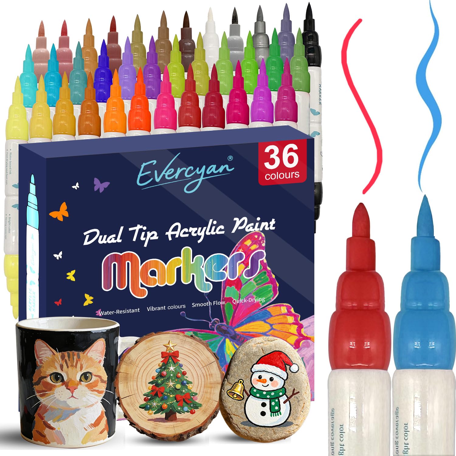 Evercyan 36 Colour Acrylic Paint Markers Set - Dual Tip Fine & Brush Pens, Vibrant Quick-Dry Water-Resistant, Colouring Pens for Adults, Artist-Quality Acrylic Markers for Canvas, Fabric & DIY Art