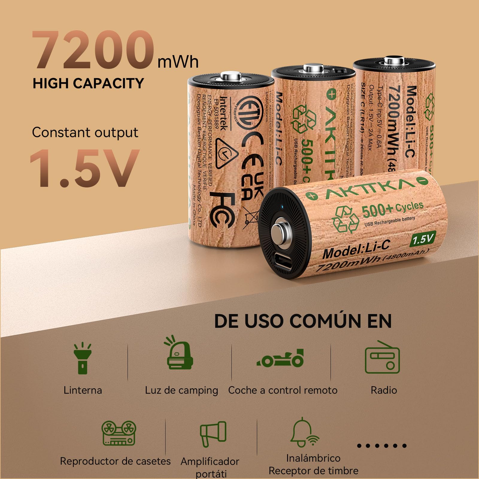 Pack de 4 Pilas C Recargables, LR14 /AM2, 1,5 V de Litio, 7200 mWh, 500+ Ciclos de Recarga, Cable USB-C Incluido, Baja Autodescarga, para Linterna, Camping, Iluminación de Emergencia, Radio y Juguetes