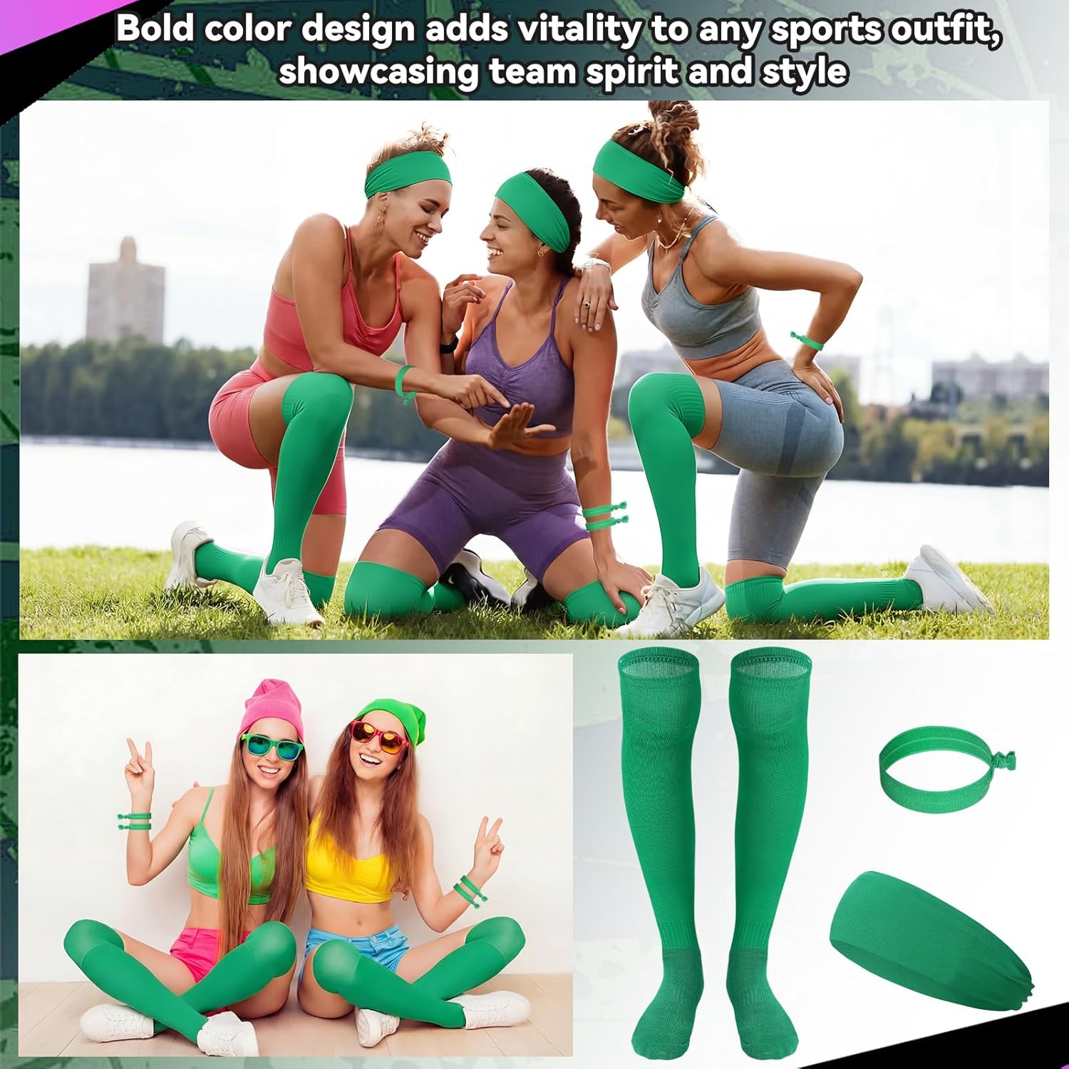 24 Pcs Knee High Socks Set 8 Soccer Football Softball Baseball Socks with Headbands Hair Ties Team Gift for Youth