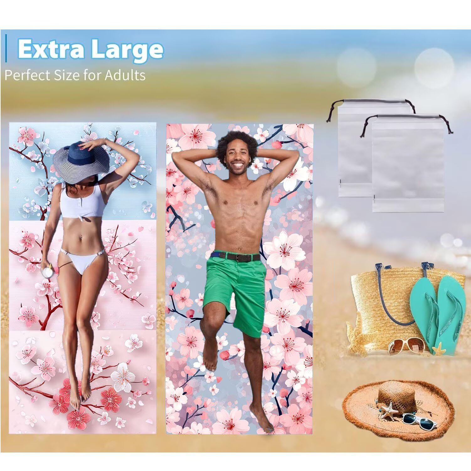 Ręcznik plażowy 90 x 200 cm, zestaw 2 dużych ręczników z mikrofibry szybkoschnący, chłonny, kompaktowy, ręcznik kąpielowy bez piasku lato koc plażowy damski do kąpieli prezent (kwiaty wiśni) H-1027