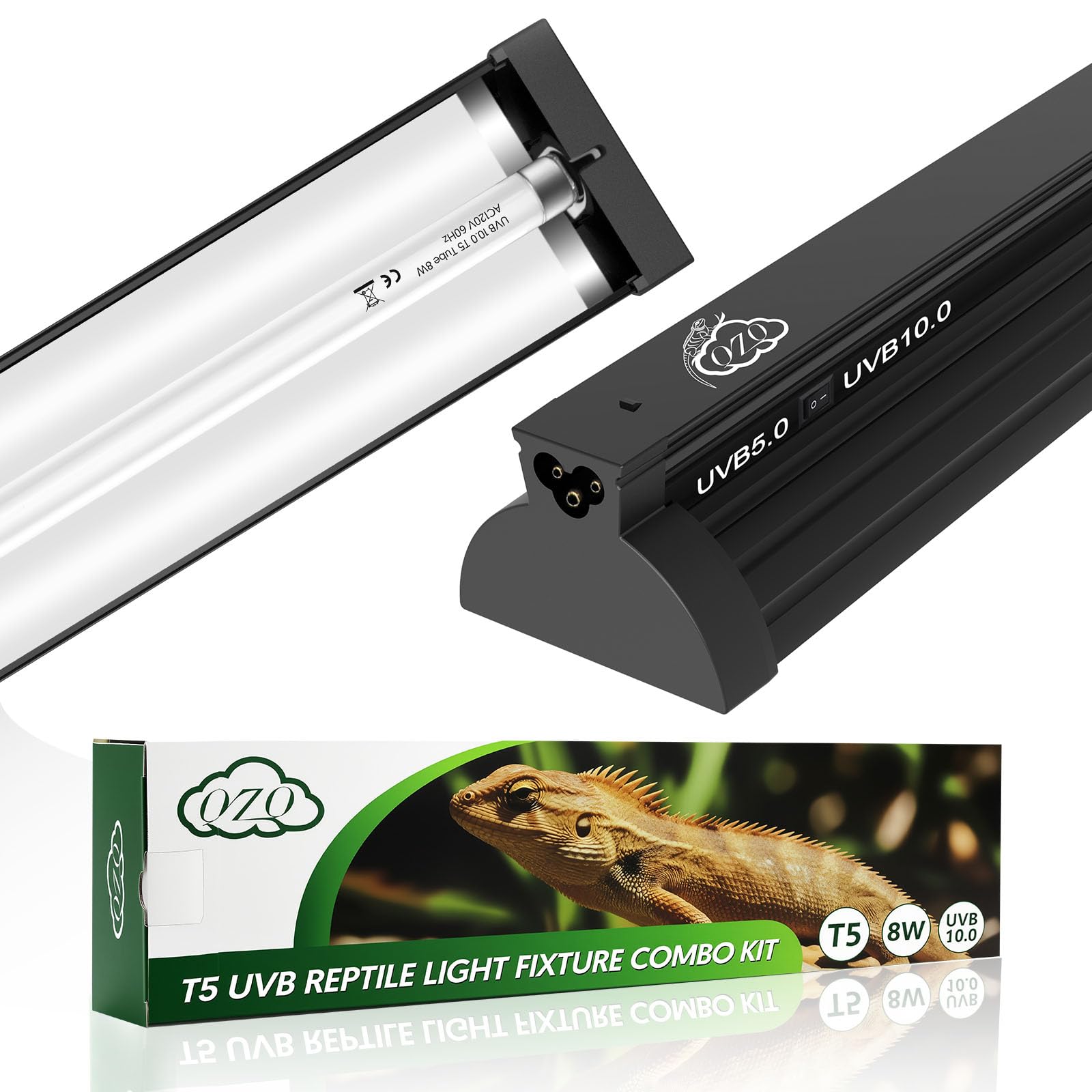 QZQ T5 UVB Reptile Light Fixture Combo Kit 8W, UVB Light for Reptiles with Switchable 5.0 & 10.0 UVB Output, Terrarium Hood Lamp for Bearded Dragon, Snake, Gecko, Tortoise, Lizard