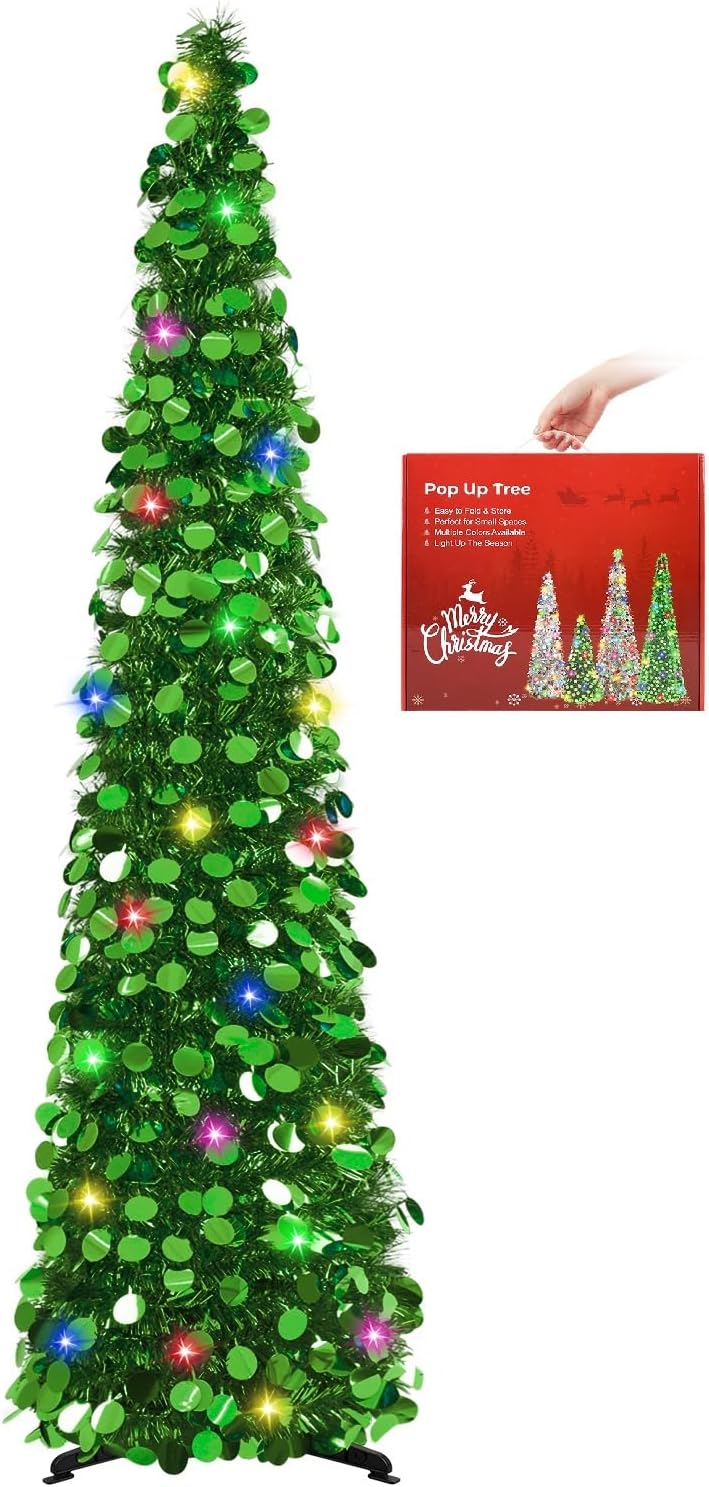 Christmas Tree, 5ft Collapsible Pop Up Christmas Trees Green Tinsel Coastal Christmas Tree for Holiday Xmas Decorations, Home Display, Office Decor