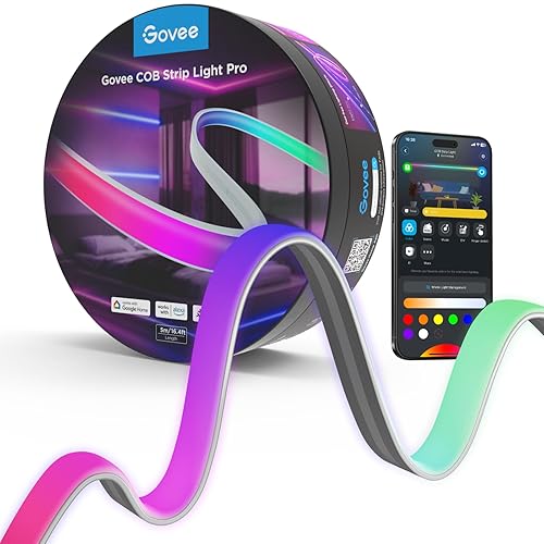 Govee COB LED Strip Light Pro, LED Lights for Bedroom Compatible with Alexa, Google Assistant and Matter, RGBICW Light with Warm White, Smart Strip Light, Color Changing, for Cabinet, 16.4ft