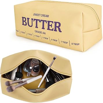 dadop Yellow Cute Makeup Bag Travel Cosmetic Bags, Funny Butter Toiletry Bags Make Up Unique Pouch Bag Leather With Zipper For Girls Boys Women Butter Lover prank Gifts