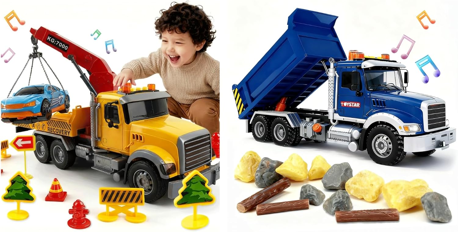 SMILESSKIDDO Toddler Boy Toys for 3 4 5 6 Year Old - 1:12 Tow Truck and Dump Truck with Light & Sound