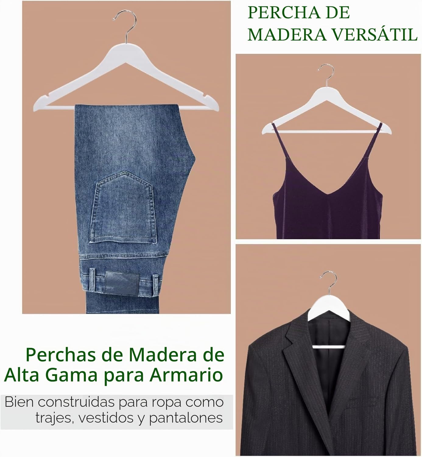 Amber Home 20 Unidades 44,5cm Perchas de Madera Blanco, Robusta y Brillante Percha para Camisetas Camisas Trajes Abrigos Vestidos Tirantes Bodas, con Varilla y Ranuras | 44,5 cm, barra antideslizante para pantalones, muescas en los hombros, perchas para c