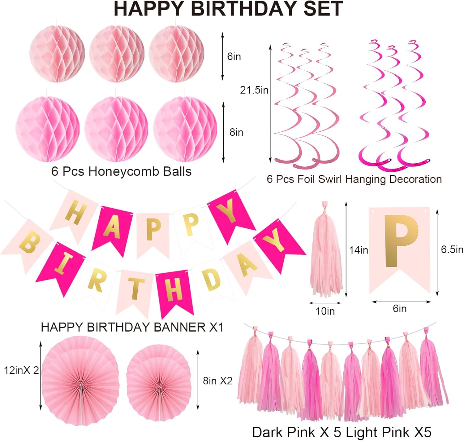Pink Birthday Decorations Set for Women Girls Happy Birthday Banner Honeycomb Balls Paper Fans Hanging Swirl Streamers Tassels Complete Pink Birthday Party Decor Supplies - Image 2