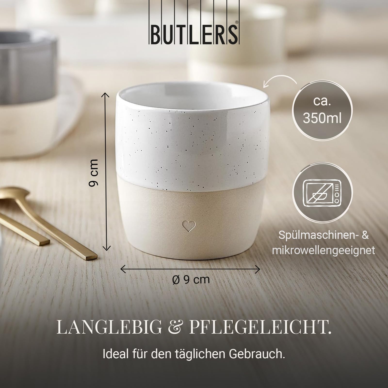 BUTLERS ME TIME Tasse Herz, Becher ohne Henkel, Steinzeug, ca. 350 ml