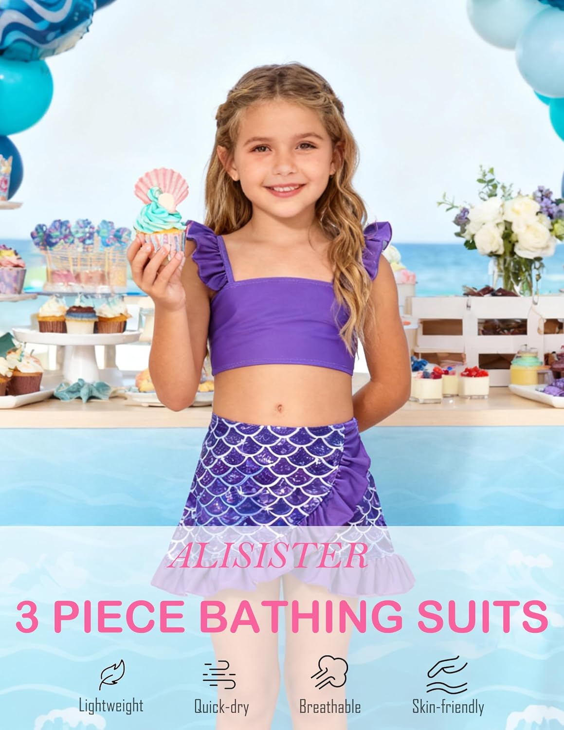 ALISISTER Girls Swimsuit 3 Piece Bathing Suits Summer Bikini Tankini Sets with Cover Up Skirt for 4-12 Years