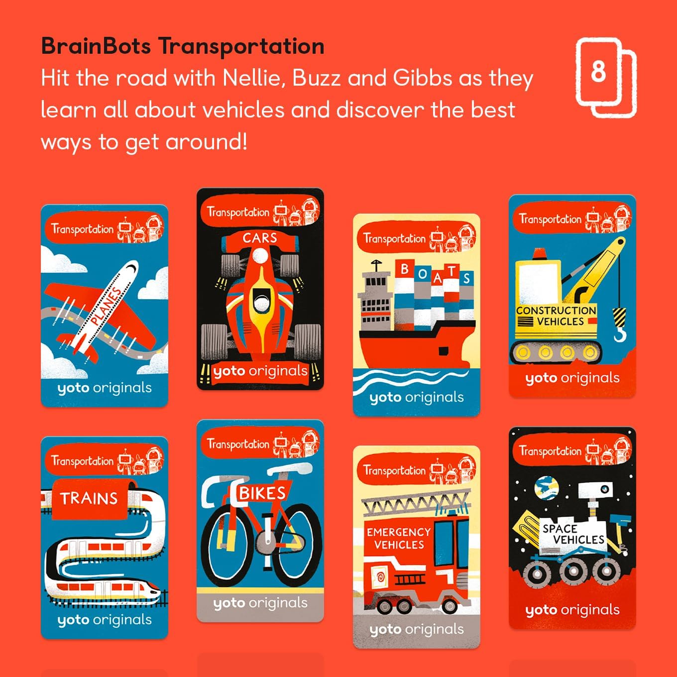 YOTO BrainBots Transportation - 8 Kids Audiobook Cards for Use with Player & Mini All–in–1 Audio Player, Educational & Screen–Free Listening with Fun Playtime, Bedtime & Travel Stories, Ages 6+