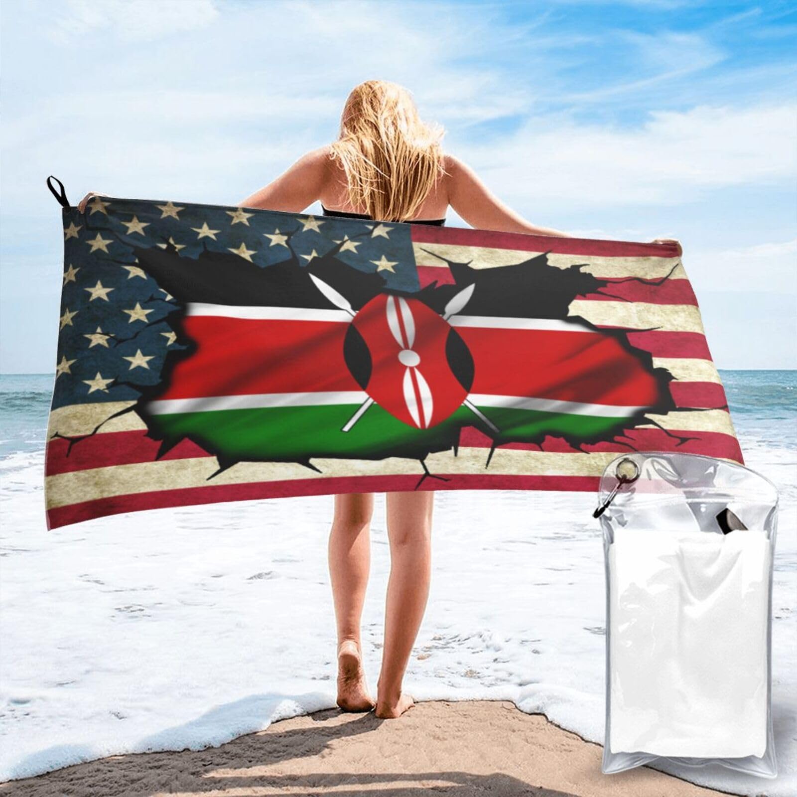 HACXZ Vintage America Flag and Kenyan Flag Absorbent Beach Towel Microfiber Beach Towel Lightweight 31.5"X63"
