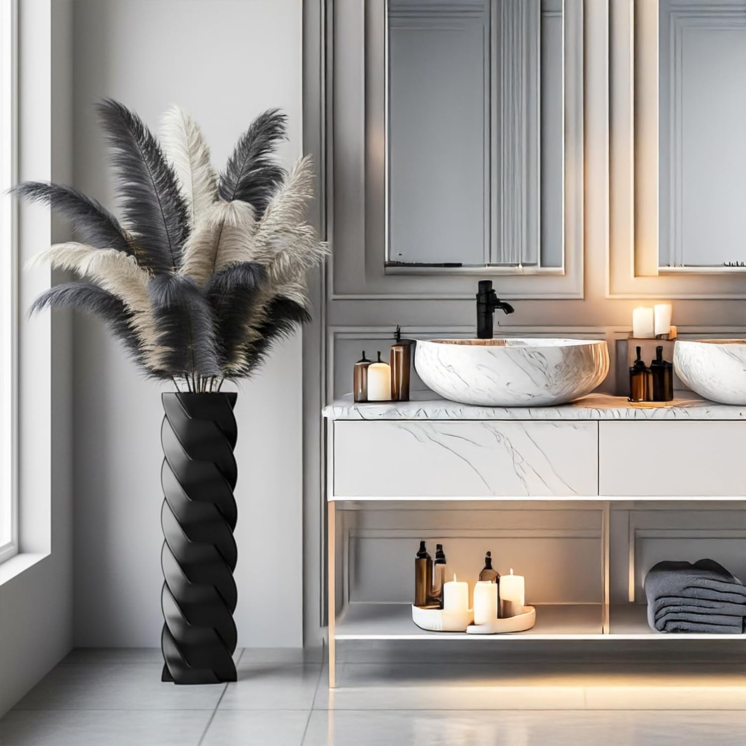 Tall Black Spiral Floor Vase 23.6″ – Glossy Twisted Resin Decorative Floor Vase for Pampas Grass, Branches & Dried Flowers, Modern Farmhouse Indoor Home Decor