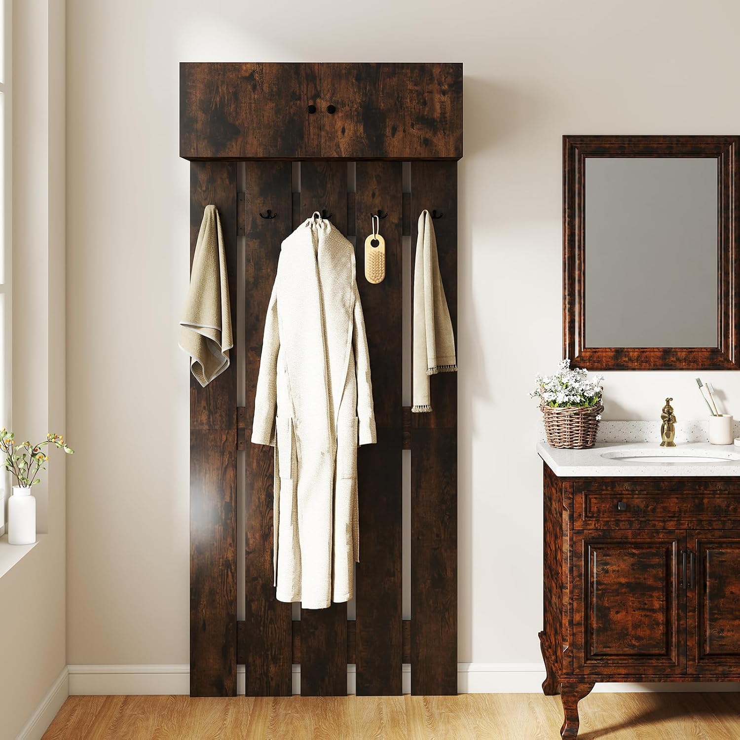 Giantex Wall Mounted Coat Rack, 2-in 1 Hall Tree w/ 5 Double Hooks & 2-Door Cabinet, Space-Saving Garment Rack, Entryway Clothes Rack for Hallway Bedroom Bathroom (Rustic Brown)