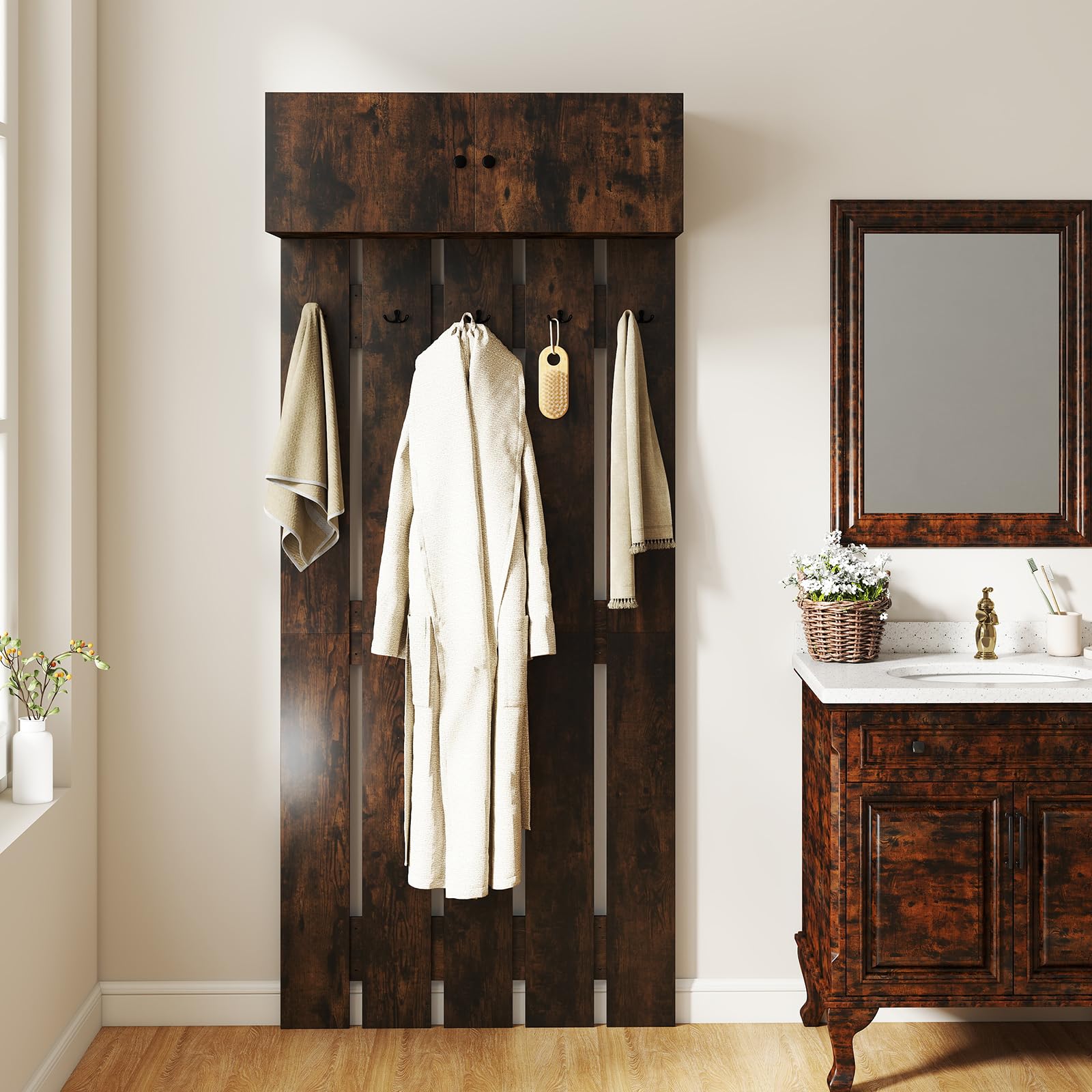 COSTWAY Appendiabiti da Parete per Ingresso, Attaccapanni in Legno con 5 Ganci Doppi e Armadietto a 2 Ante, Mensola Salvaspazio per Camera da Letto, Soggiorno e Cucina, 90 x 33 x 210 cm (Marrone)