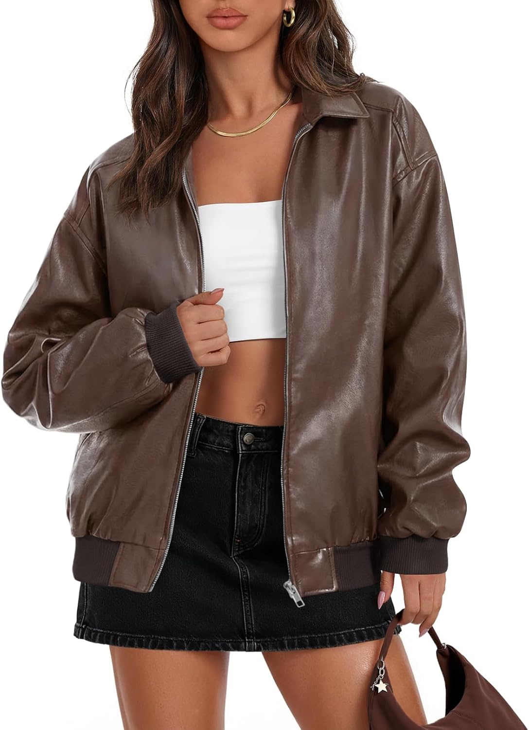 MEROKEETY Women's Winter Spring Oversized Faux Leather Jacket 2026 Fall Zip Up Motorcycle Coats Fashion Outfits Clothes