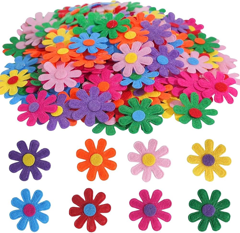 200 Pcs Colourful Fabric Flowers Felt Flower Heads Sunflower Ornaments Appliques Floral Scatter Decoration Sewing Applique Embellishments for DIY Crafts Scrapbooking