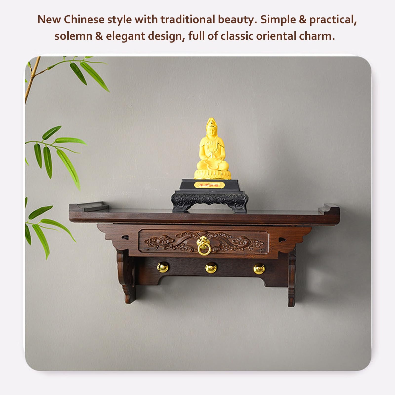 Wall Mounted Bamboo Buddha Altar Table With Drawer, Pooja Mandir Shrine Shelf For Buddha Statue, Meditation, Prayer, Incense Offerings, Home Temple Decor