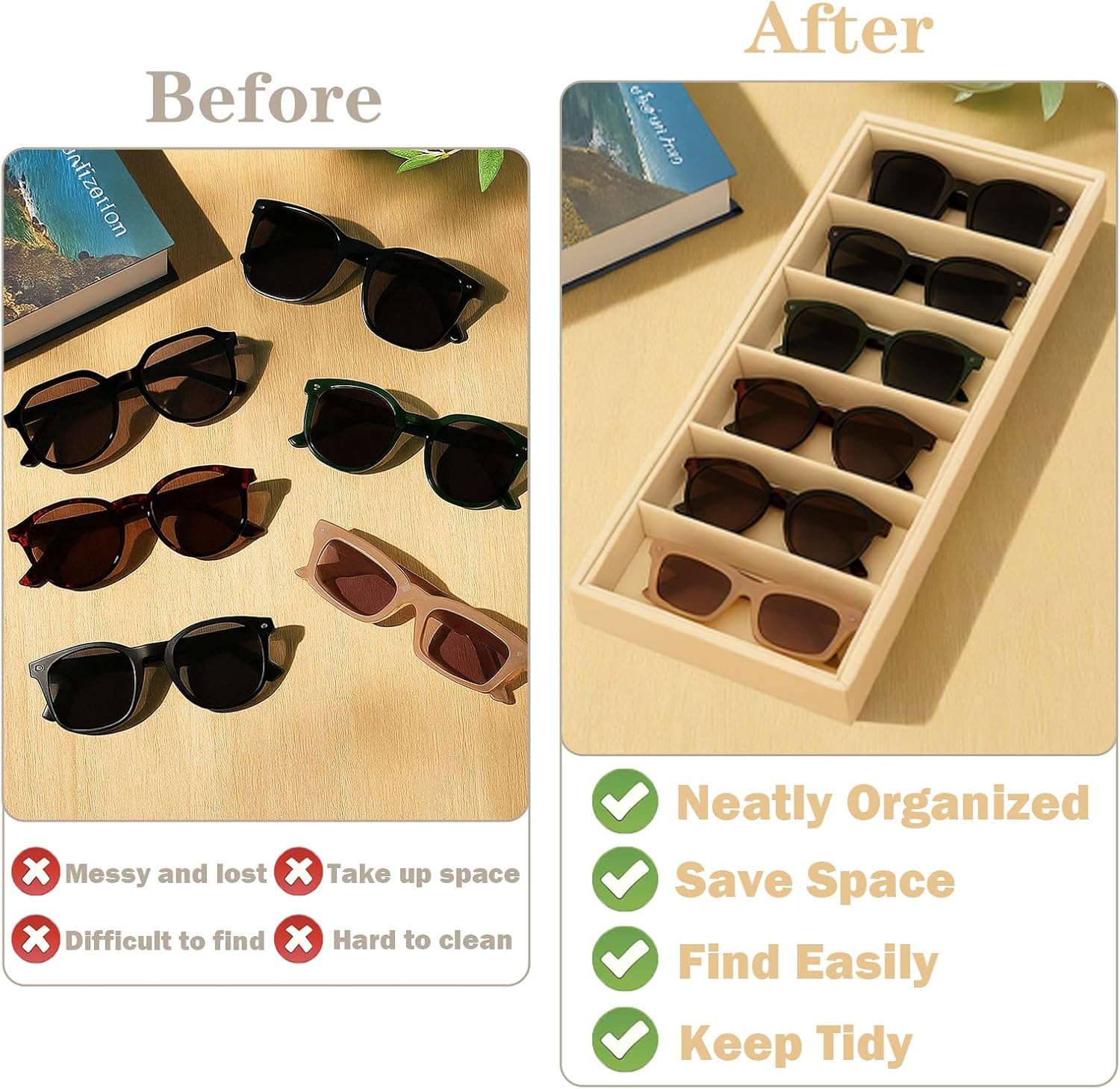ZILAMGOO 4 Pcs Velvet Glasses Storage Trays – 6-Grid Sunglasses Holder Drawer – Stackable Eyewear Display Organizer for Women, Beige