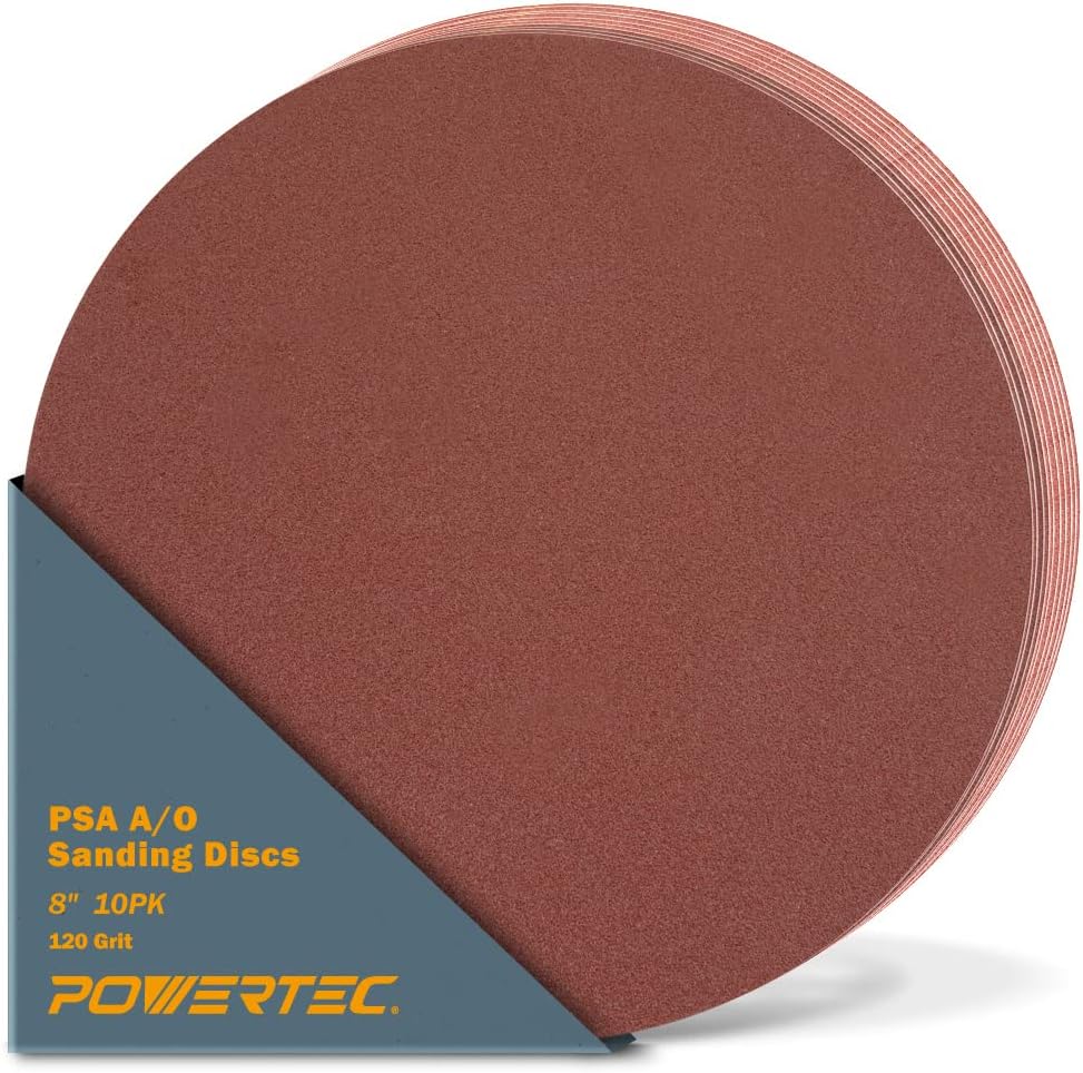 POWERTEC 10 PCS 120 Grit 8 Inch PSA Sanding Discs, Self Stick Adhesive Sandpaper, 8" for Drywall, Woodworking, Paint, Epoxy with Random Orbital Sanders, DA Sanders, 4x36 Belt Disc Sander (110560)