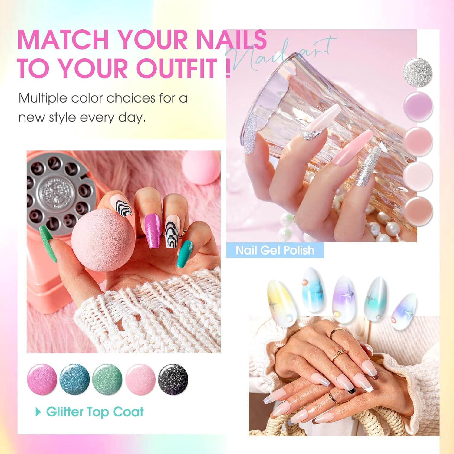 ROSALIND 100PCS Gel Nail Polish Set, 92 PCS Colors Gel Polish Set with 8 Bottles of Base and Glossy Matte Top Coat Starter Nail Set Suitable for All Seasons Gift for Women - Image 5