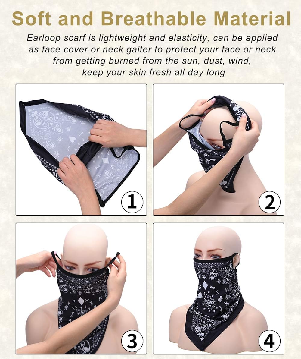 6 Packs Face Scarf Bandana with Ear Loop Sun UV Protection Face Cover Scarf Mask Balaclava Bandana Reusable Cooling Neck Gaiters for Men and Women Dust Wind Motorcycle Mask Headwear Head Wrap