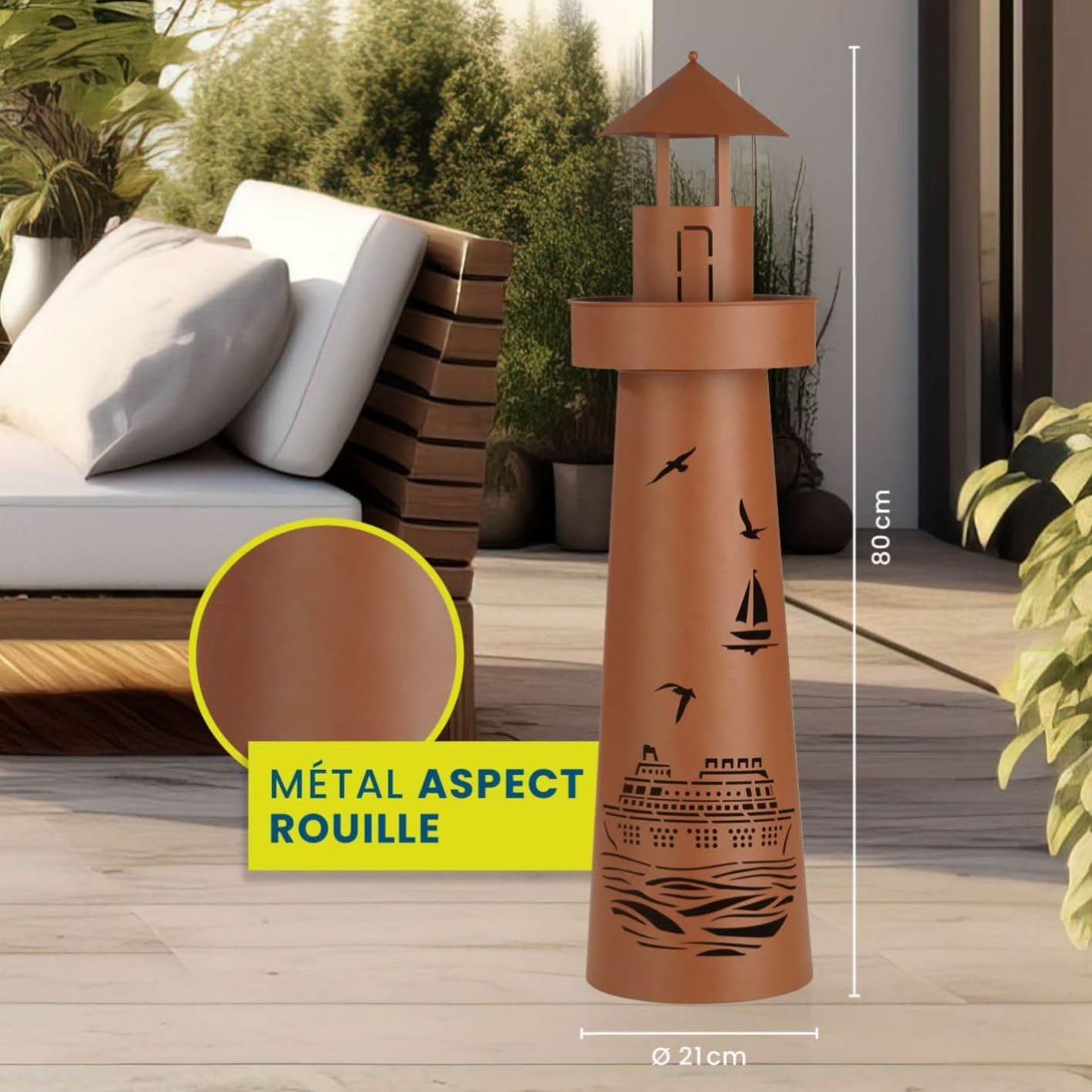 Hoberg Colonne de plantes LED | Design phare | Aspect rouille | Convient pour l'intérieur et l'extérieur | Eclairage LED | Minuterie 6h | Sans fil | Avec bac à plantes | Hauteur env. 80cm