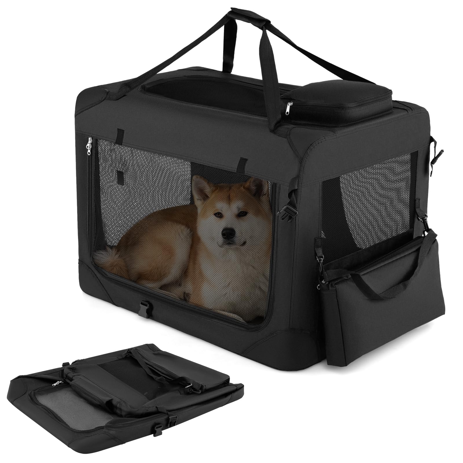 COSTWAY Trasportino per Cani e Gatti, Borsa per Cani Pieghevole e Traspirante con Morbido Cuscino, Parte Superiore Apribile, 2 Tasche Portaoggetti e 2 Manici per Animali Domestici (L,Nero)