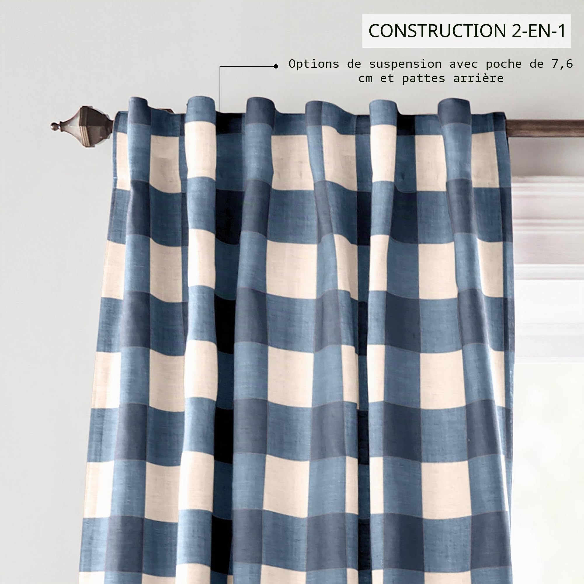 Elrene Home Fashions Farmhouse Living Grainger Rideau de fenêtre occultant à Carreaux de Buffle avec Pattes avec Passe-Tringle, pour Salon et Chambre à Coucher, 132,1 x 241,3 cm, Indigo, 1 Panneau