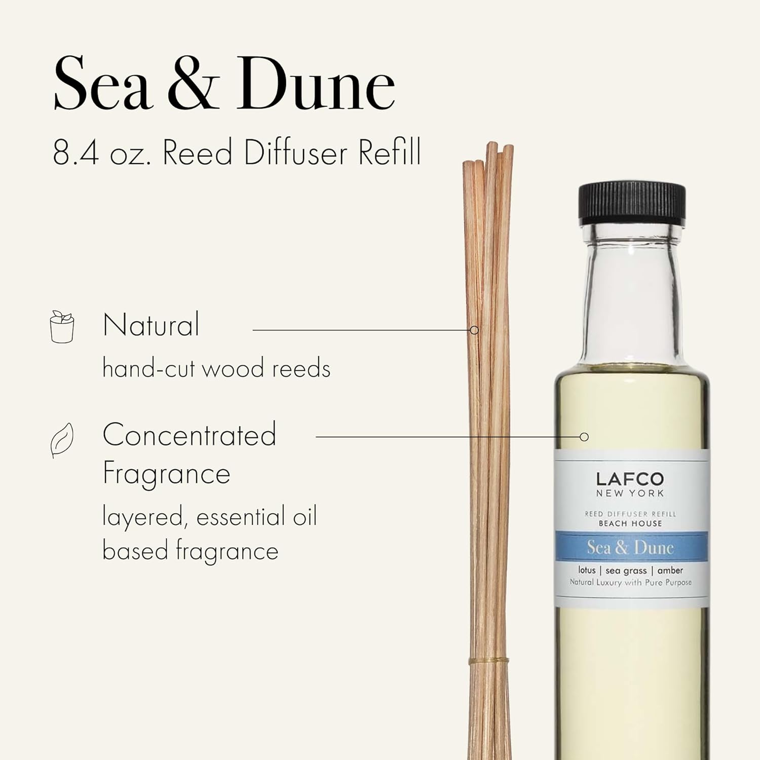 LAFCO New York Reed Diffuser Refill, Sea & Dune - 8.4 oz - Up to 4-Month Fragrance Life - Includes Natural Wood Reeds - Free of Dyes & Propellants - Made in The USA