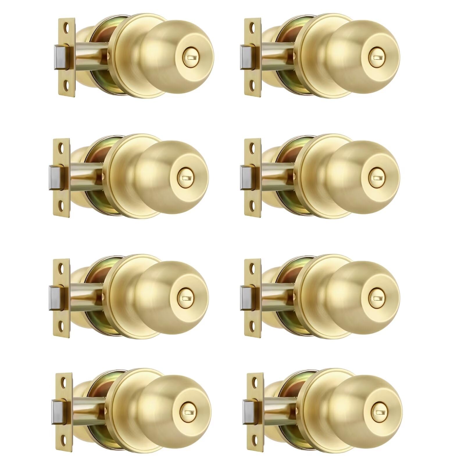 Leydebong 8 Pack Interior Door Knobs, Satin Brass Door Knobs with Privacy Function, Keyless Door Knobs for Bedroom and Bathroom