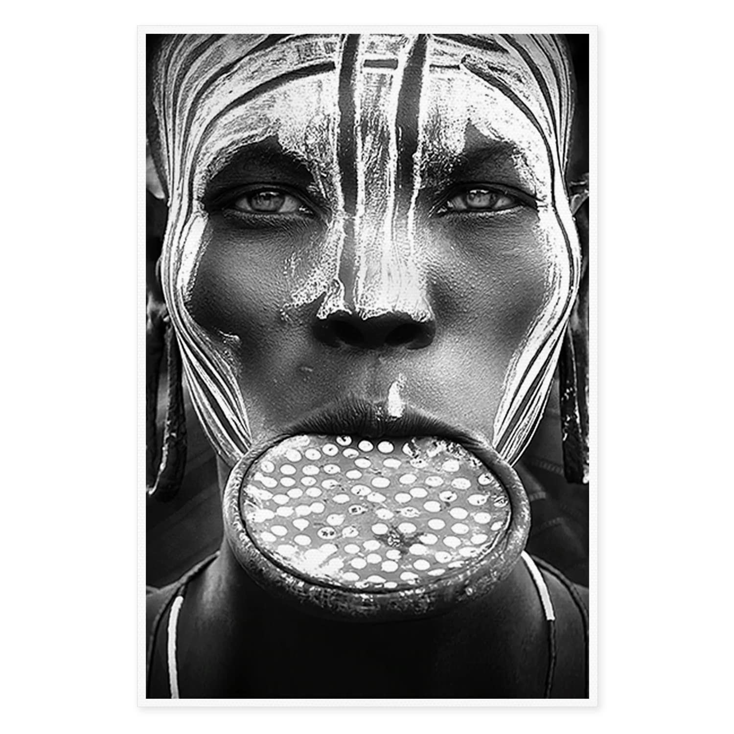 Wall Art Canvas Print Poster Black And White African Lip Plate Woman Canvas Painting African Woman Oil Painting Contemporary Artwork for Home Decoration Office Kitchen Wall Decor (Set of 1 Unframe, 12x18inch)
