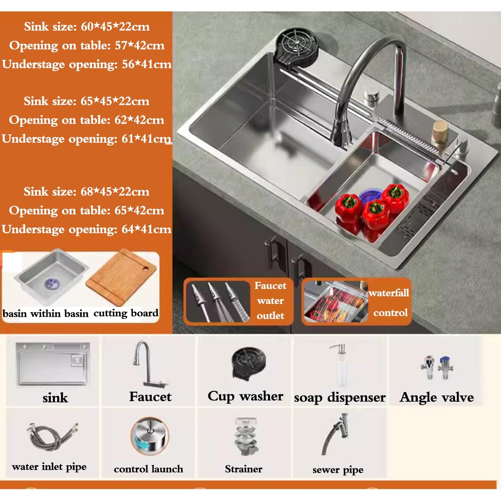 Lavello da cucina a vasca singola in acciaio inox color argento, facile da pulire, lavello da bancone integrato, lavello a sifone multifunzione, 68 x 45 x 22, colore: argento