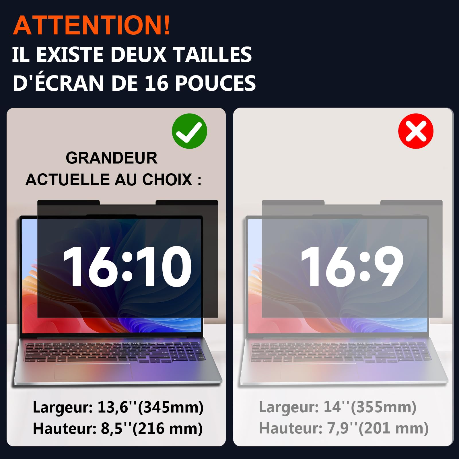 Film de protection anti-espion 16 pouces 16:10 pour ordinateur portable, filtre détachable anti-lumière bleue et reflets