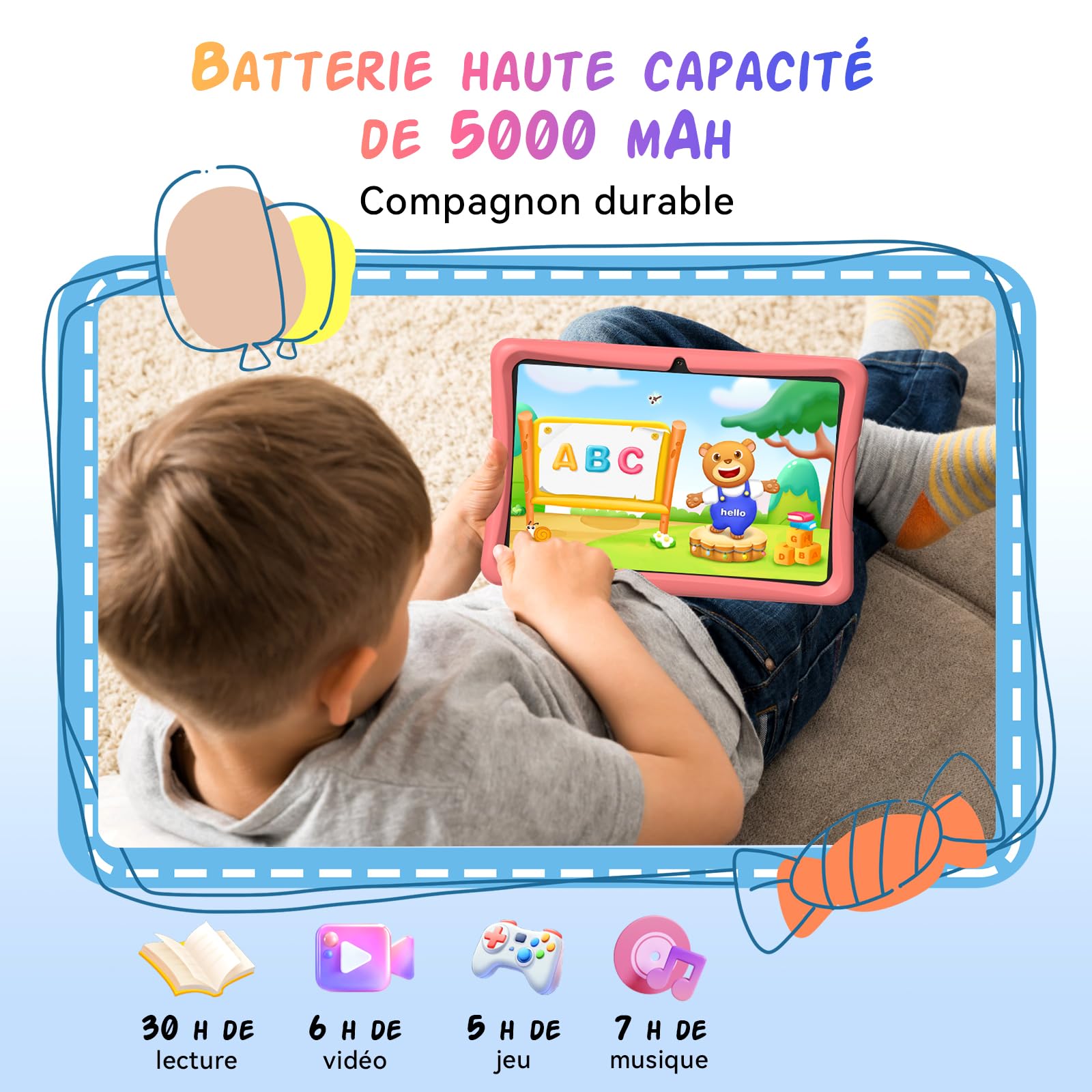 Tablette Enfants 10 Pouces, Android 16 Tablette pour Enfant 3-14 Ans Éducative, 16Go(4+12) RAM + 64Go ROM/2To TF, Contrôle Parental, GMS, 5000mAh, WiFi6, Garantie de 4 ans, Tablet avec Stylet, Rosa