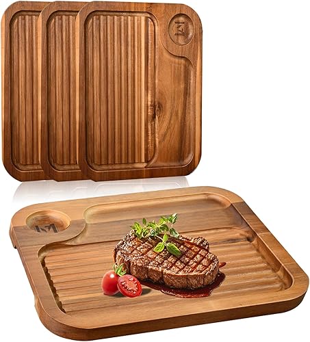 Miniatura 9 de 4 platos de madera de acacia, tabla de cortar de carnívoro para comer, plato de madera de carne tallada, bandeja para servir alimentos, tablas de