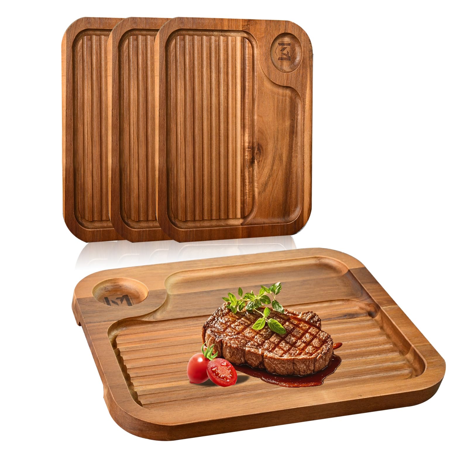 4 platos de madera de acacia, tabla de cortar de carnívoro para comer, plato de madera de carne tallada, bandeja para servir alime