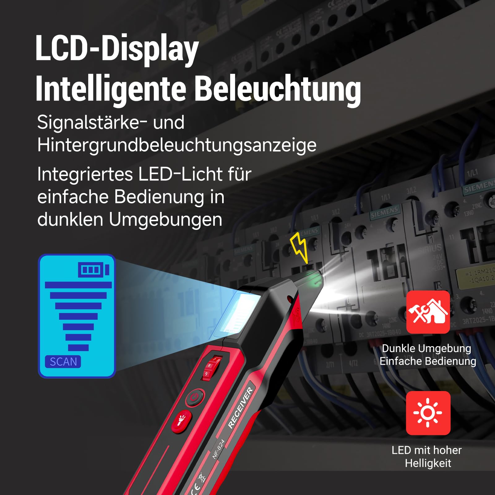 NOYAFA NF-824 Steckdosentester, Sicherungsfinder, Leistungsschalterfinder mit LCD-Display, berührungsloser Spannungsprüfer mit 240V Schuko-Steckdosenprüfer, NCV-Phasenprüfer, Kabelfinder/Stromprüfer