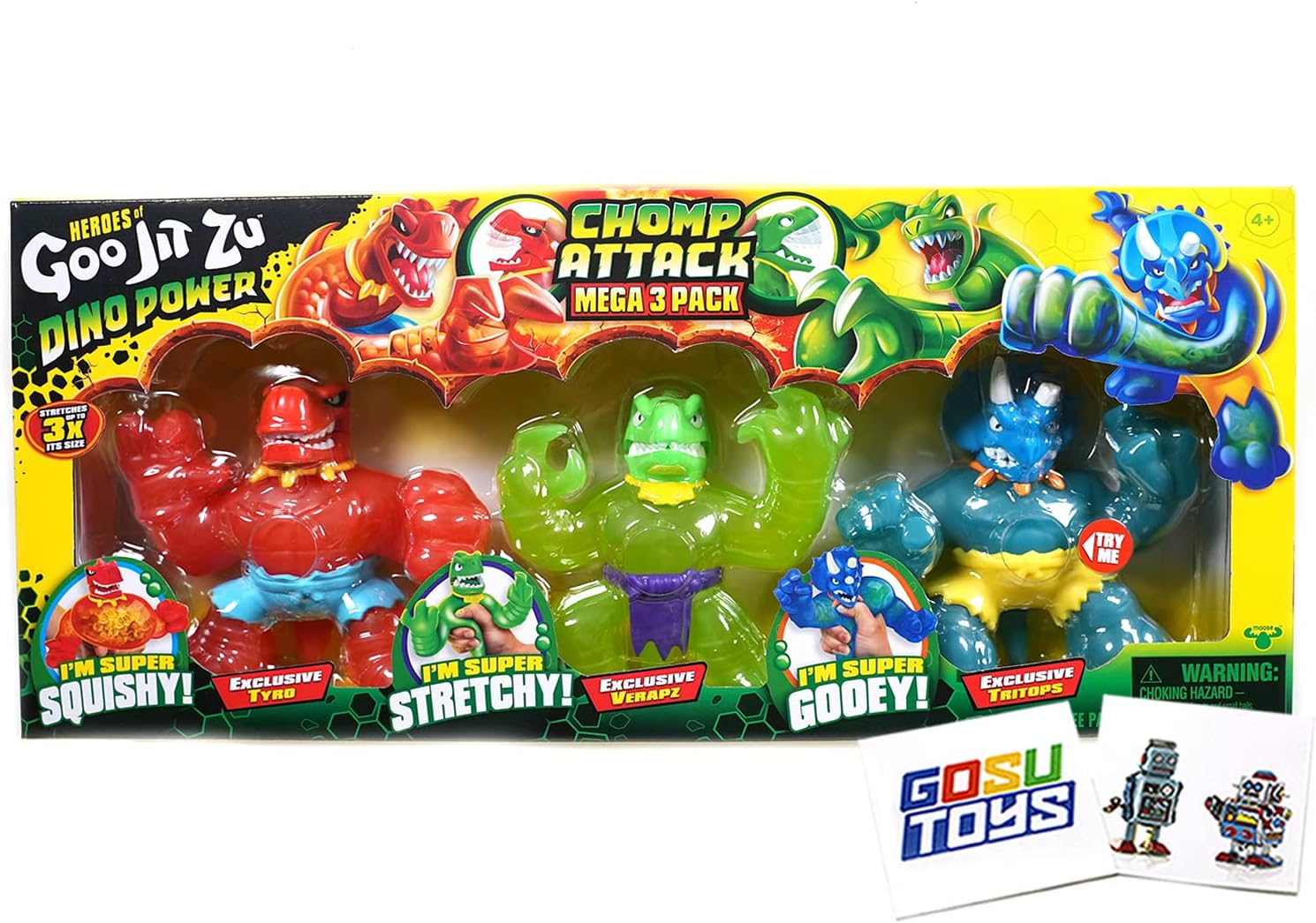 Heroes of Goo JIT Zu Dino Power Chomp Attack 3 Pack with 2 Gosutoys Stickers